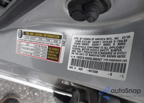 2006 Honda Civic Ex из США, поврежденный, VIN 1HGFA16866L060447